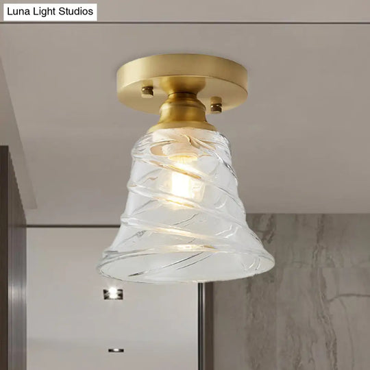 Industrial-Style Cone Glass Ceiling Light - Single Bulb Semi Flush Mount Fixture In Brass With Clear