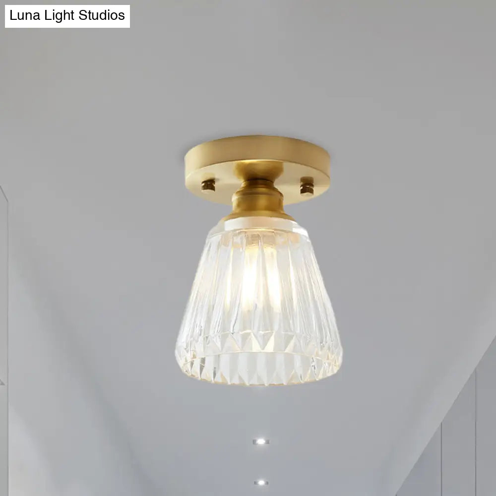 Industrial-Style Cone Glass Ceiling Light - Single Bulb Semi Flush Mount Fixture In Brass With