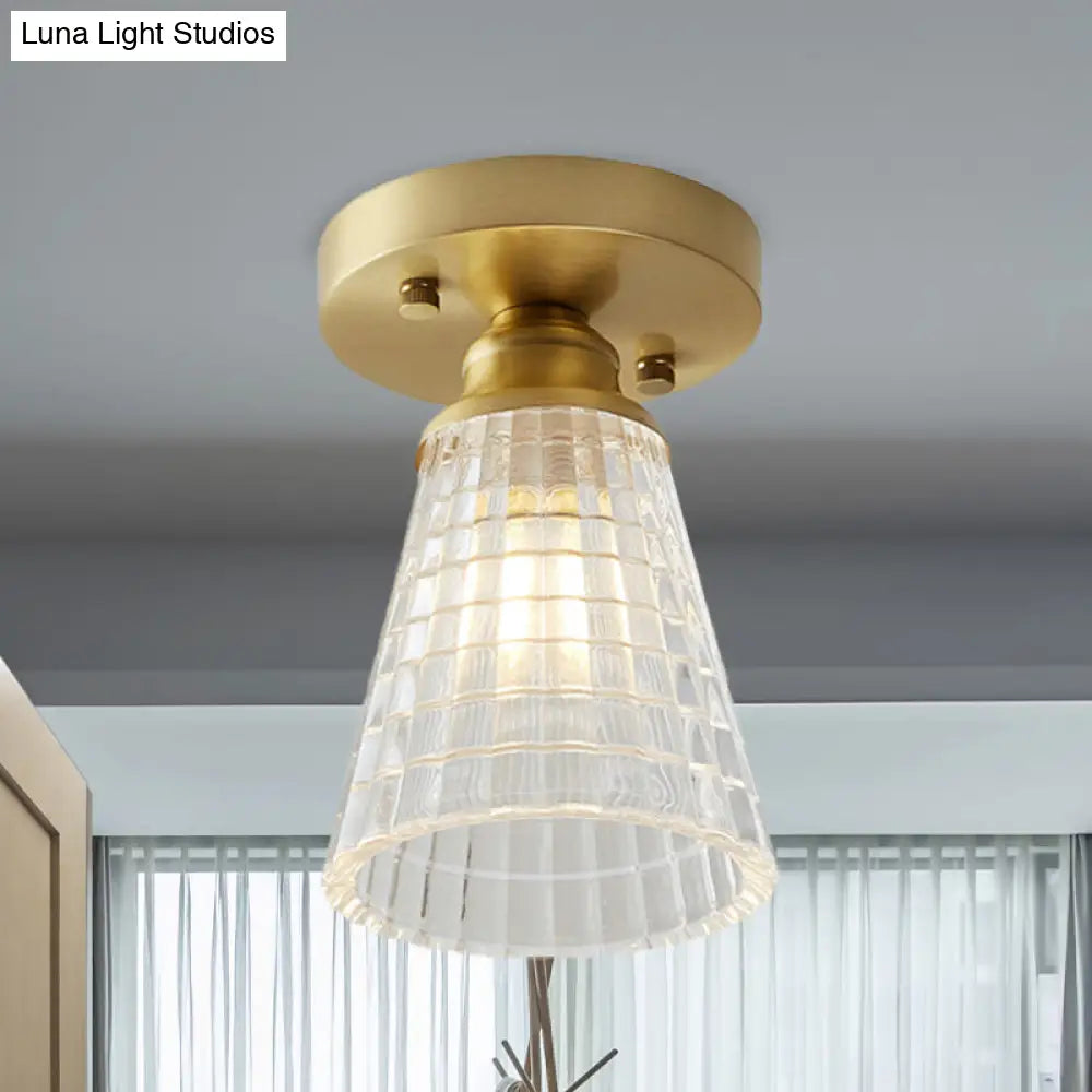 Industrial-Style Cone Glass Ceiling Light - Single Bulb Semi Flush Mount Fixture In Brass With Clear