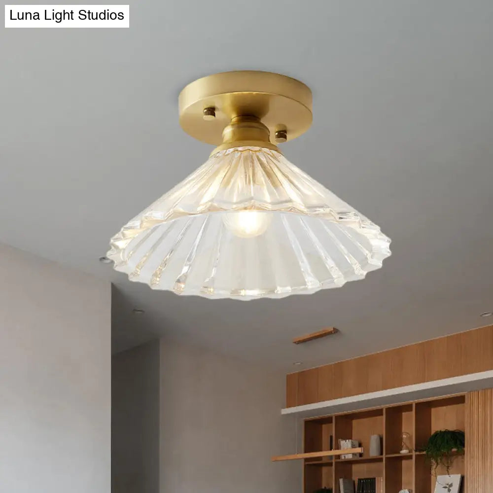 Industrial-Style Cone Glass Ceiling Light - Single Bulb Semi Flush Mount Fixture In Brass With Clear