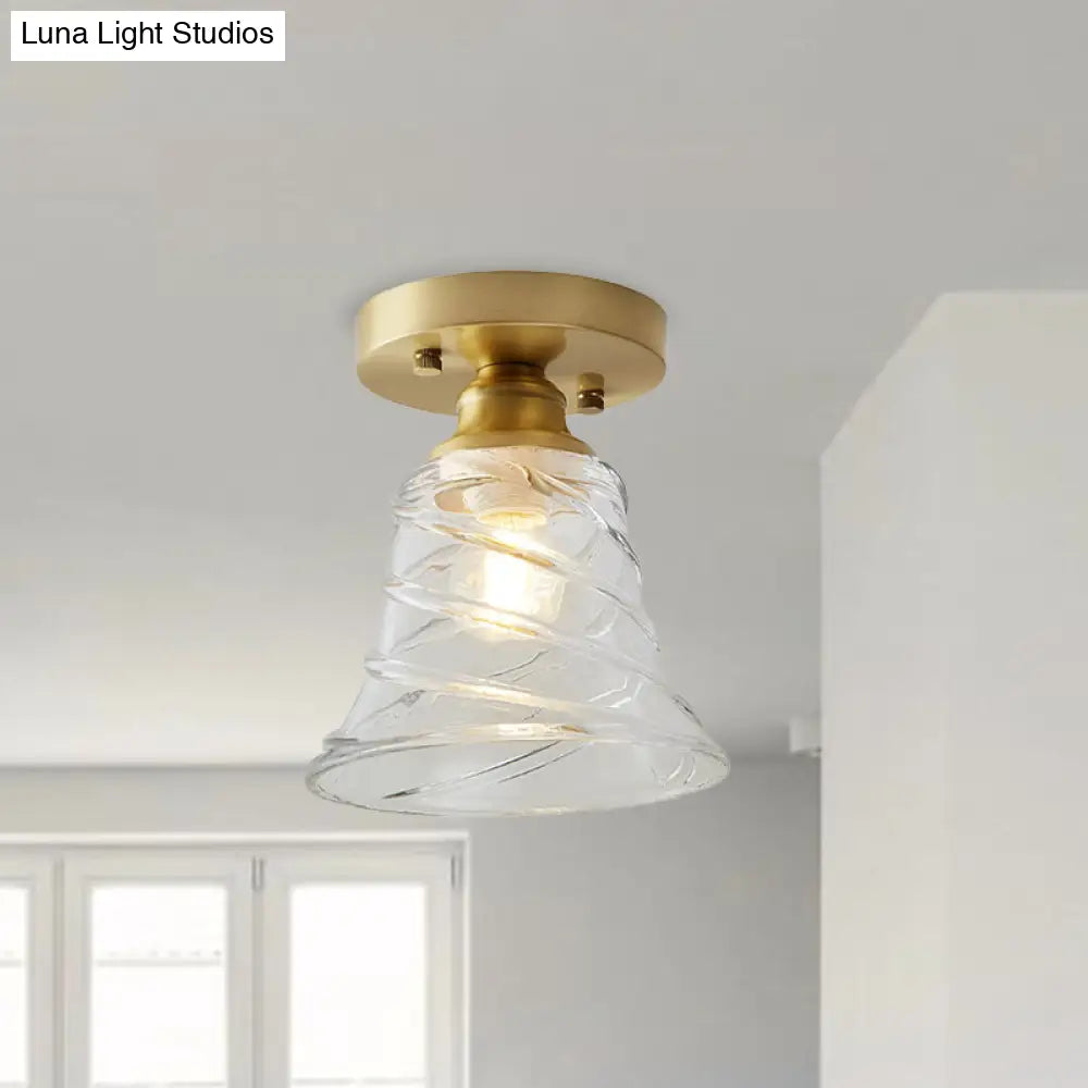 Industrial-Style Cone Glass Ceiling Light - Single Bulb Semi Flush Mount Fixture In Brass With Clear