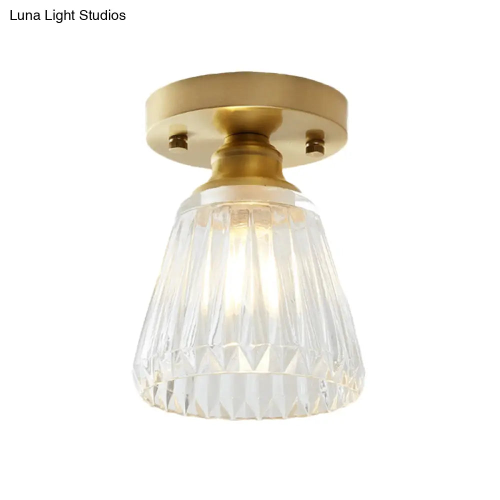 Industrial-Style Cone Glass Ceiling Light - Single Bulb Semi Flush Mount Fixture In Brass With