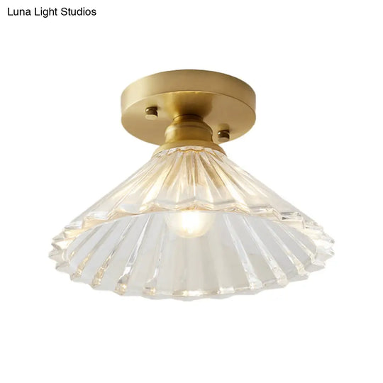 Industrial-Style Cone Glass Ceiling Light - Single Bulb Semi Flush Mount Fixture In Brass With