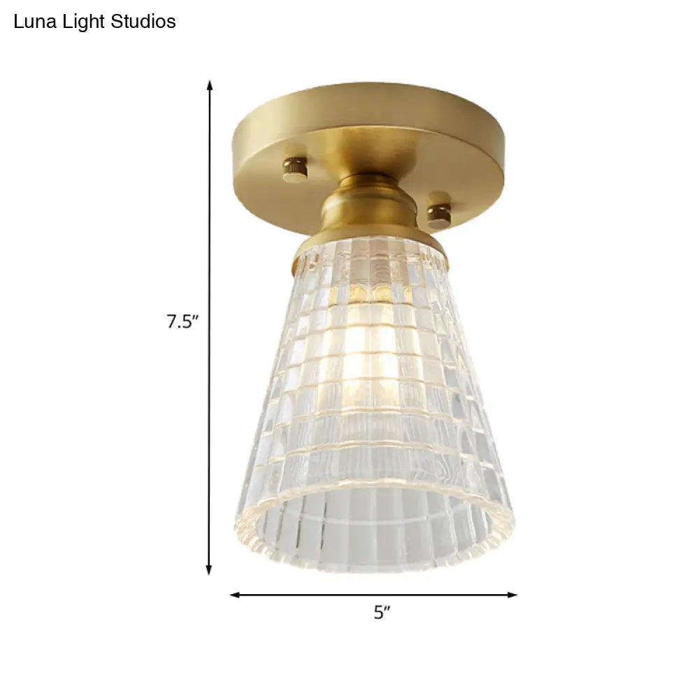 Industrial-Style Cone Glass Ceiling Light - Single Bulb Semi Flush Mount Fixture In Brass With