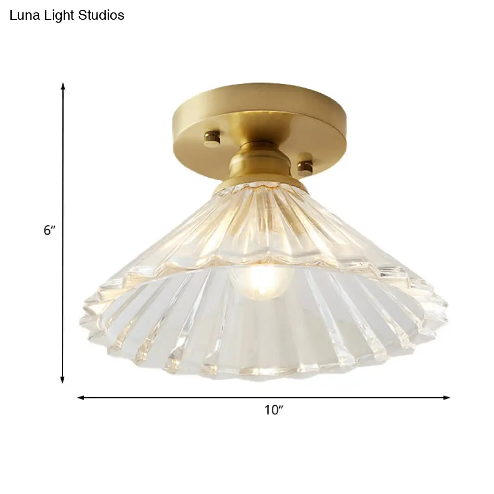 Industrial-Style Cone Glass Ceiling Light - Single Bulb Semi Flush Mount Fixture In Brass With Clear