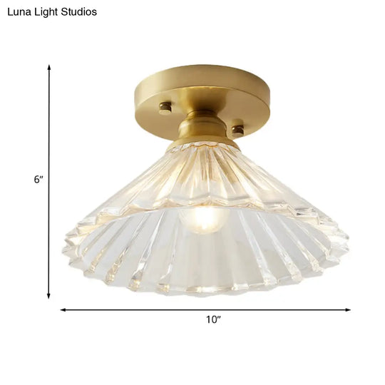 Industrial-Style Cone Glass Ceiling Light - Single Bulb Semi Flush Mount Fixture In Brass With Clear