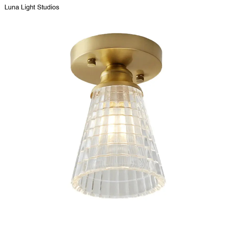 Industrial-Style Cone Glass Ceiling Light - Single Bulb Semi Flush Mount Fixture In Brass With Clear