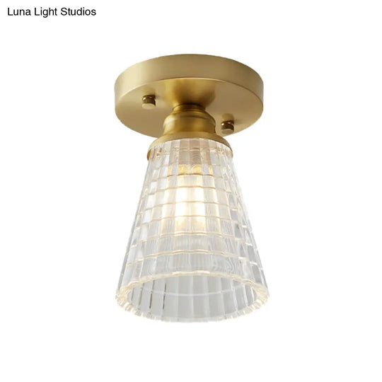 Industrial-Style Cone Glass Ceiling Light - Single Bulb Semi Flush Mount Fixture In Brass With Clear