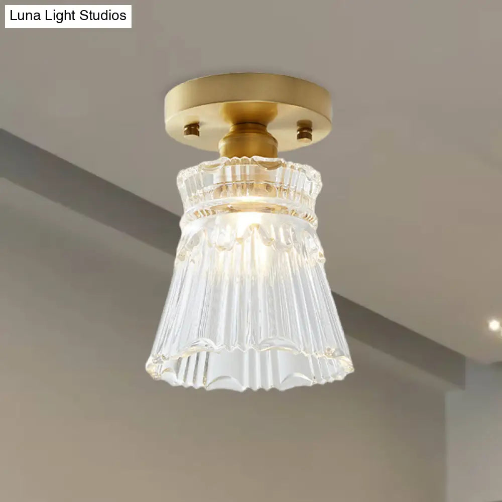 Industrial-Style Cone Glass Ceiling Light - Single Bulb Semi Flush Mount Fixture In Brass With