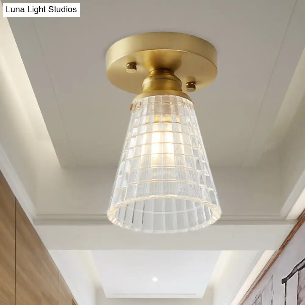 Industrial-Style Cone Glass Ceiling Light - Single Bulb Semi Flush Mount Fixture In Brass With Clear