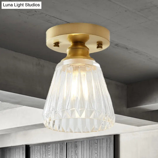 Industrial-Style Cone Glass Ceiling Light - Single Bulb Semi Flush Mount Fixture In Brass With Clear