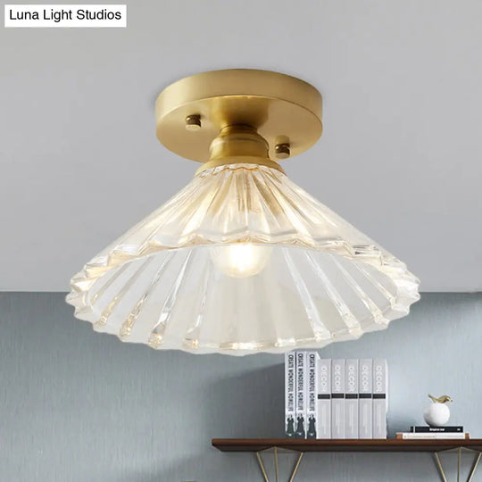 Industrial-Style Cone Glass Ceiling Light - Single Bulb Semi Flush Mount Fixture In Brass With