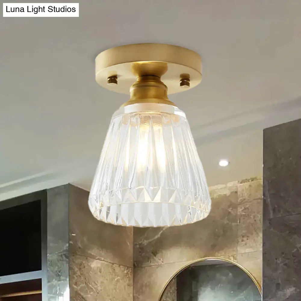 Industrial-Style Cone Glass Ceiling Light - Single Bulb Semi Flush Mount Fixture In Brass With