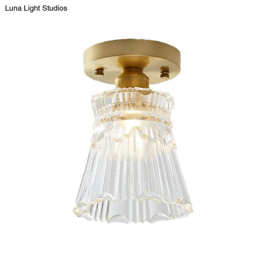 Industrial-Style Cone Glass Ceiling Light - Single Bulb Semi Flush Mount Fixture In Brass With Clear