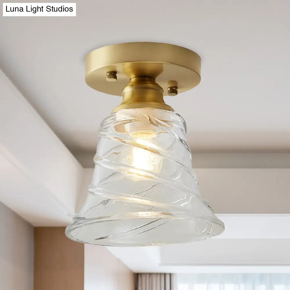 Industrial-Style Cone Glass Ceiling Light - Single Bulb Semi Flush Mount Fixture In Brass With Clear