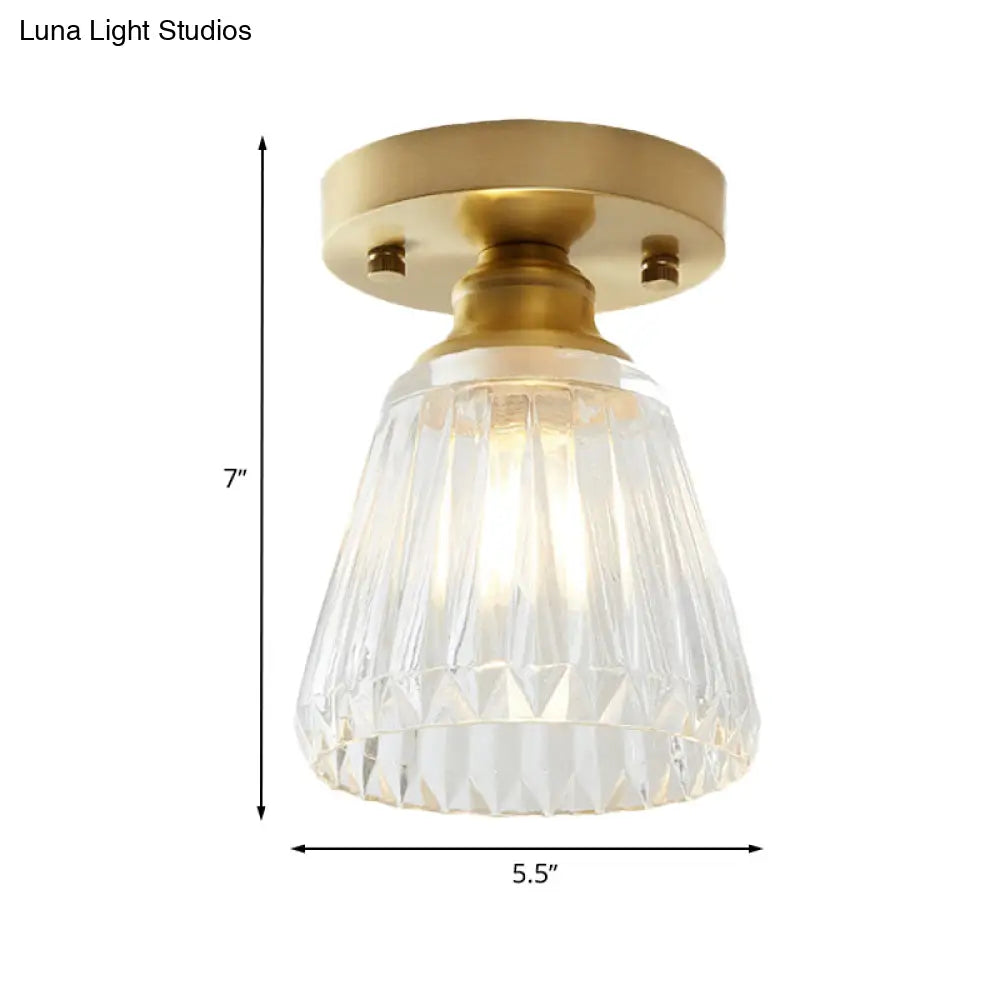 Industrial-Style Cone Glass Ceiling Light - Single Bulb Semi Flush Mount Fixture In Brass With Clear