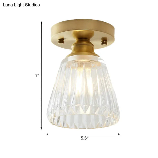 Industrial-Style Cone Glass Ceiling Light - Single Bulb Semi Flush Mount Fixture In Brass With Clear