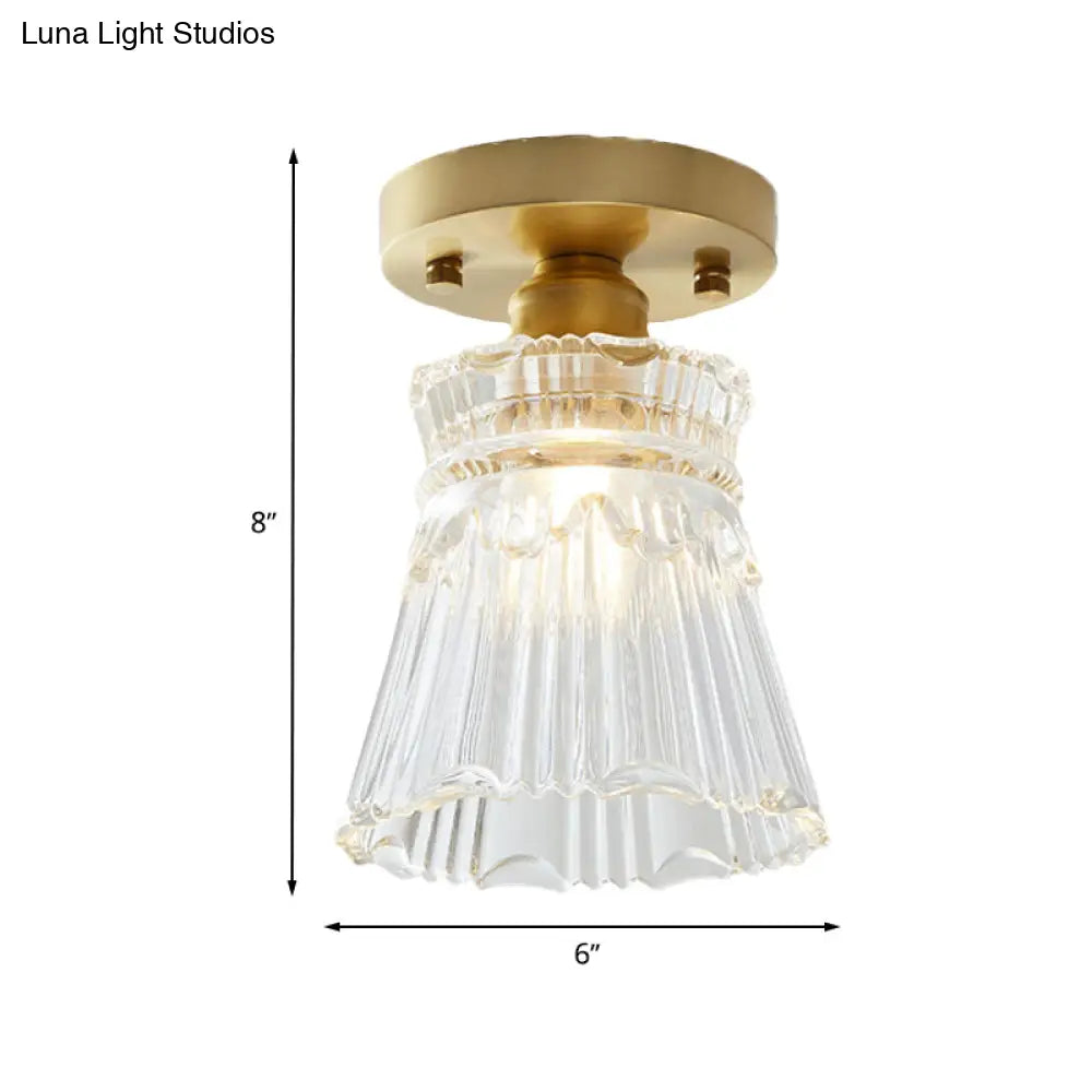 Industrial-Style Cone Glass Ceiling Light - Single Bulb Semi Flush Mount Fixture In Brass With Clear