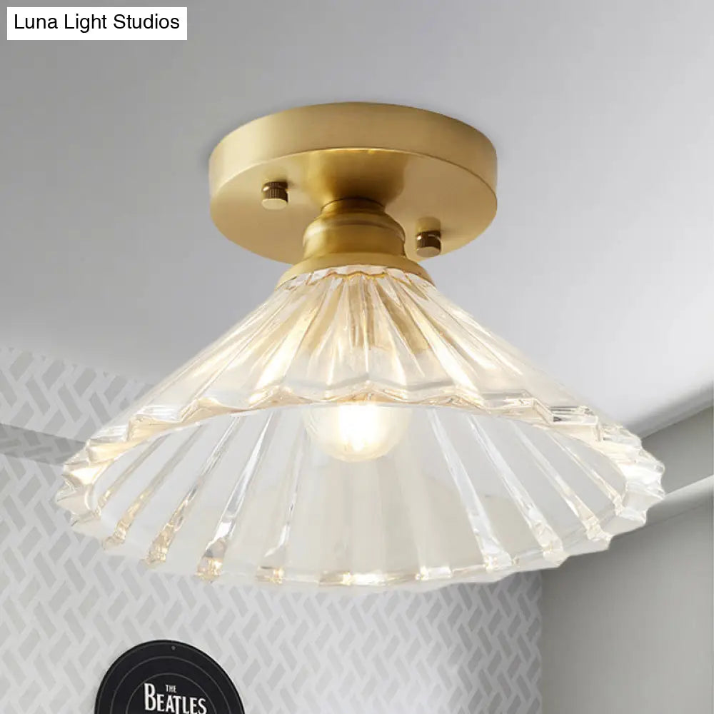 Industrial-Style Cone Glass Ceiling Light - Single Bulb Semi Flush Mount Fixture In Brass With Clear