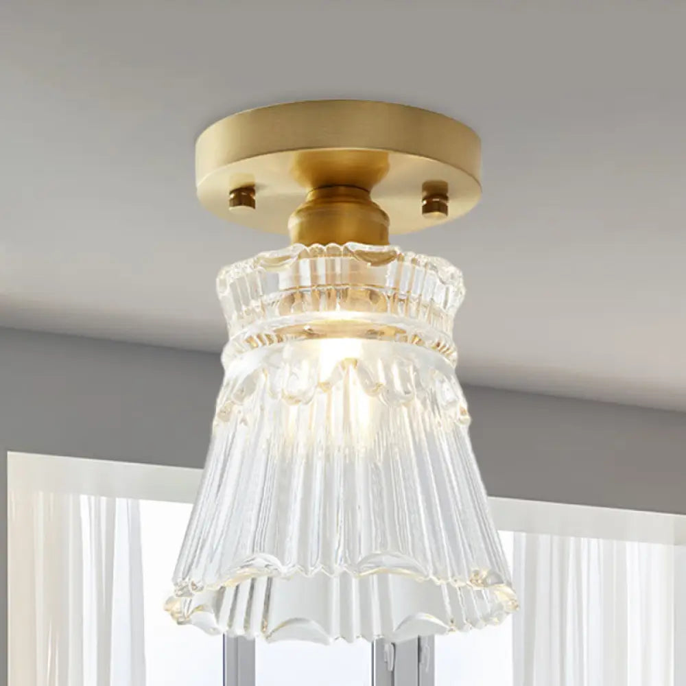 Industrial-Style Cone Glass Ceiling Light - Single Bulb Semi Flush Mount Fixture In Brass With