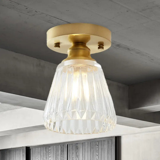 Industrial-Style Cone Glass Ceiling Light - Single Bulb Semi Flush Mount Fixture In Brass With