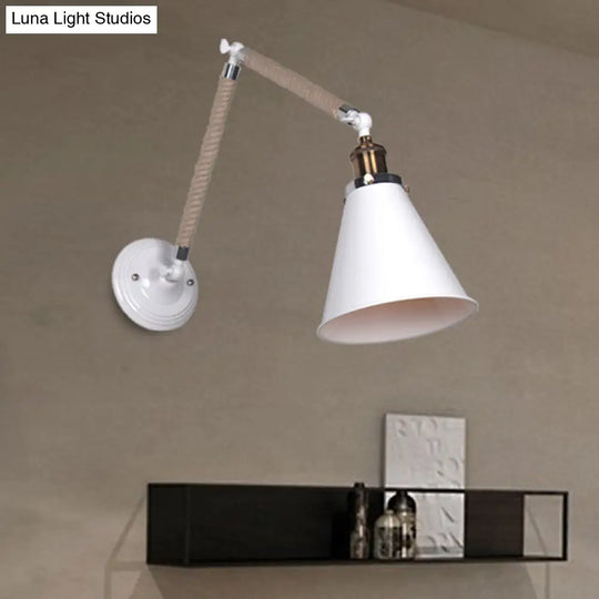 Industrial Style Conical Wall Light Fixture With Adjustable Arm - Metal And Rope Construction 1 Head