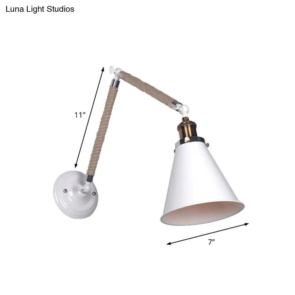 Industrial Style Conical Wall Light Fixture With Adjustable Arm - Metal And Rope Construction 1 Head