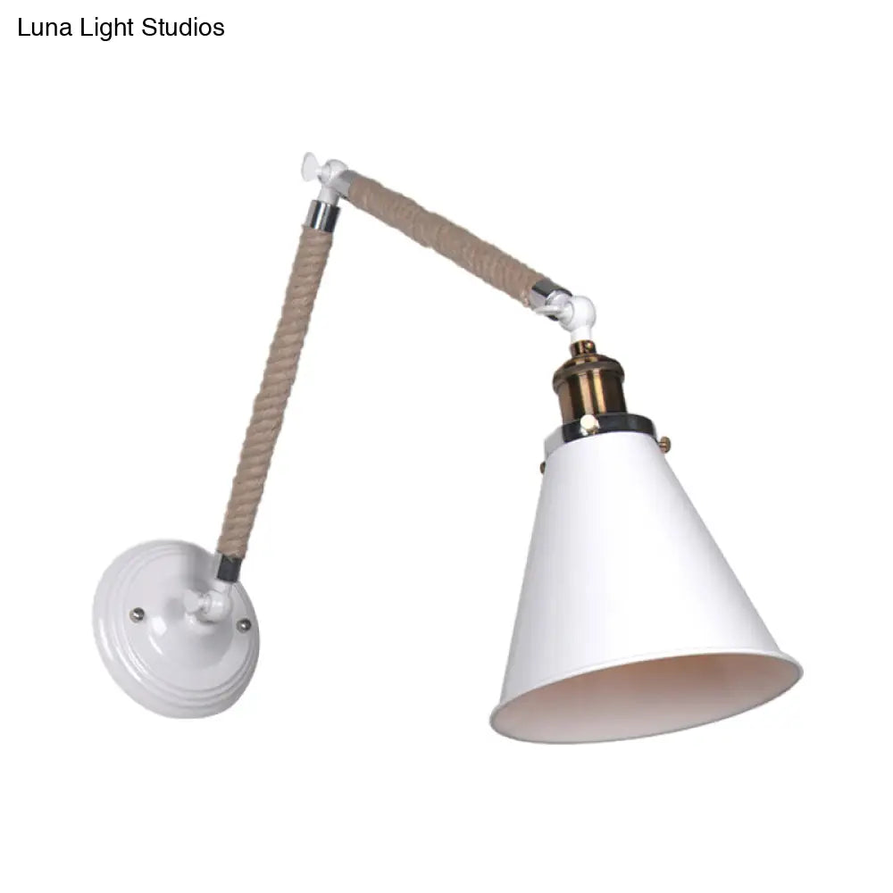 Industrial Style Conical Wall Light Fixture With Adjustable Arm - Metal And Rope Construction 1 Head