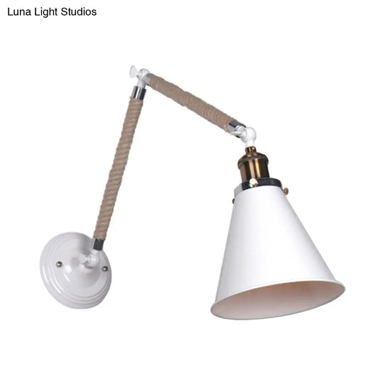 Industrial Style Conical Wall Light Fixture With Adjustable Arm - Metal And Rope Construction 1 Head