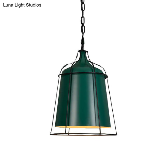 Industrial Dark Green Pendant Light With Wire Cage - Single Bulb Aluminum Suspension Fixture