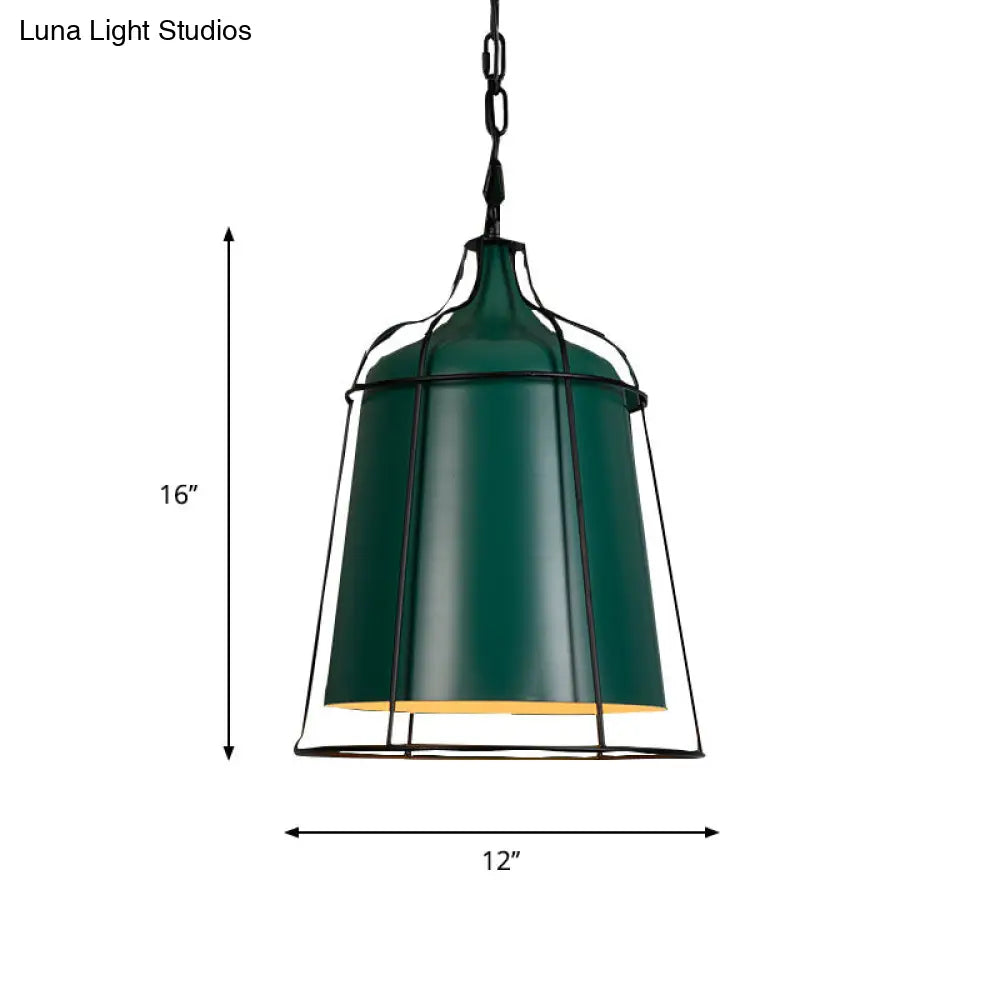 Industrial Dark Green Pendant Light With Wire Cage - Single Bulb Aluminum Suspension Fixture