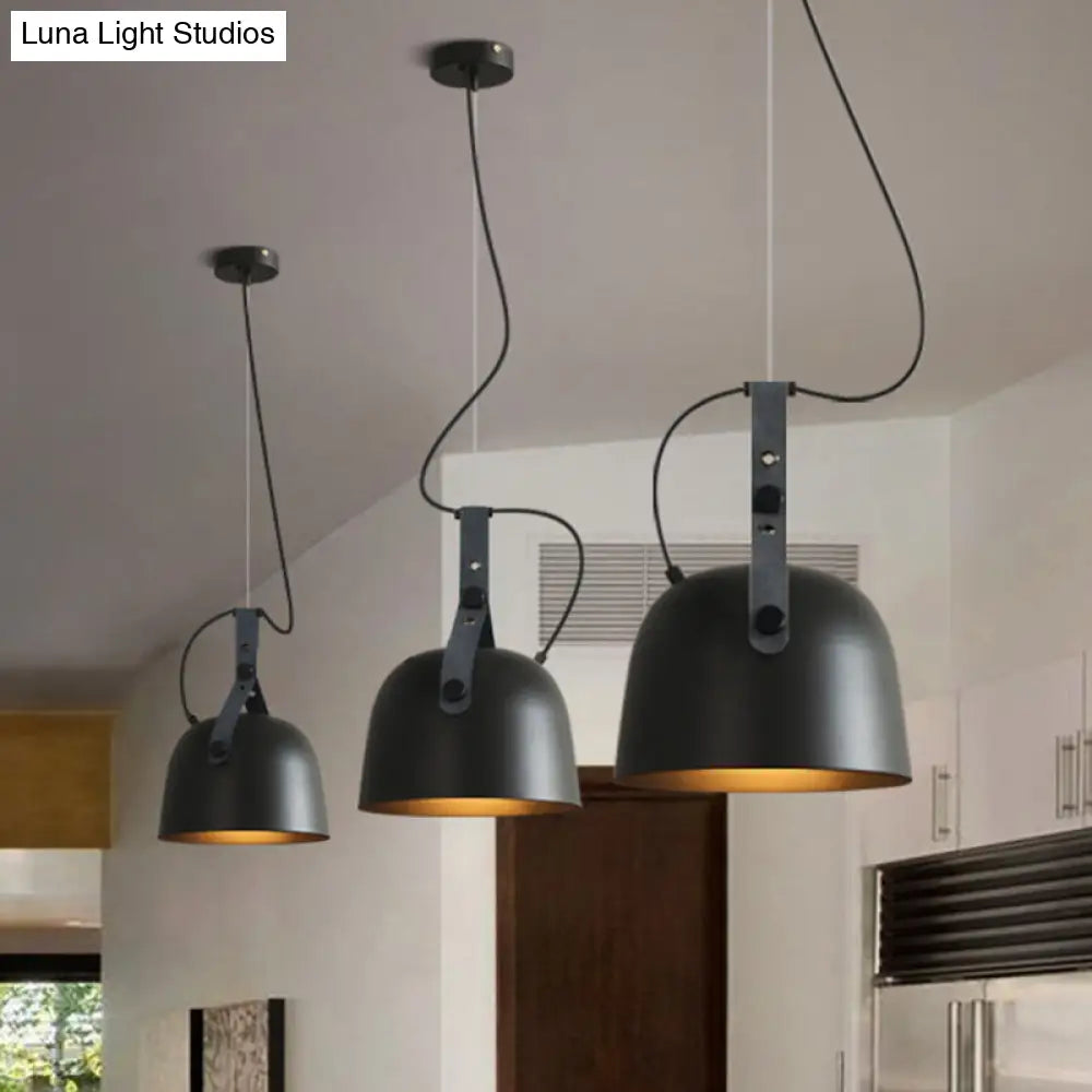 Industrial Style Dome Hanging Lamp With Leather Strap - 7/9.5 Dia 1 Light Pendant Lighting In