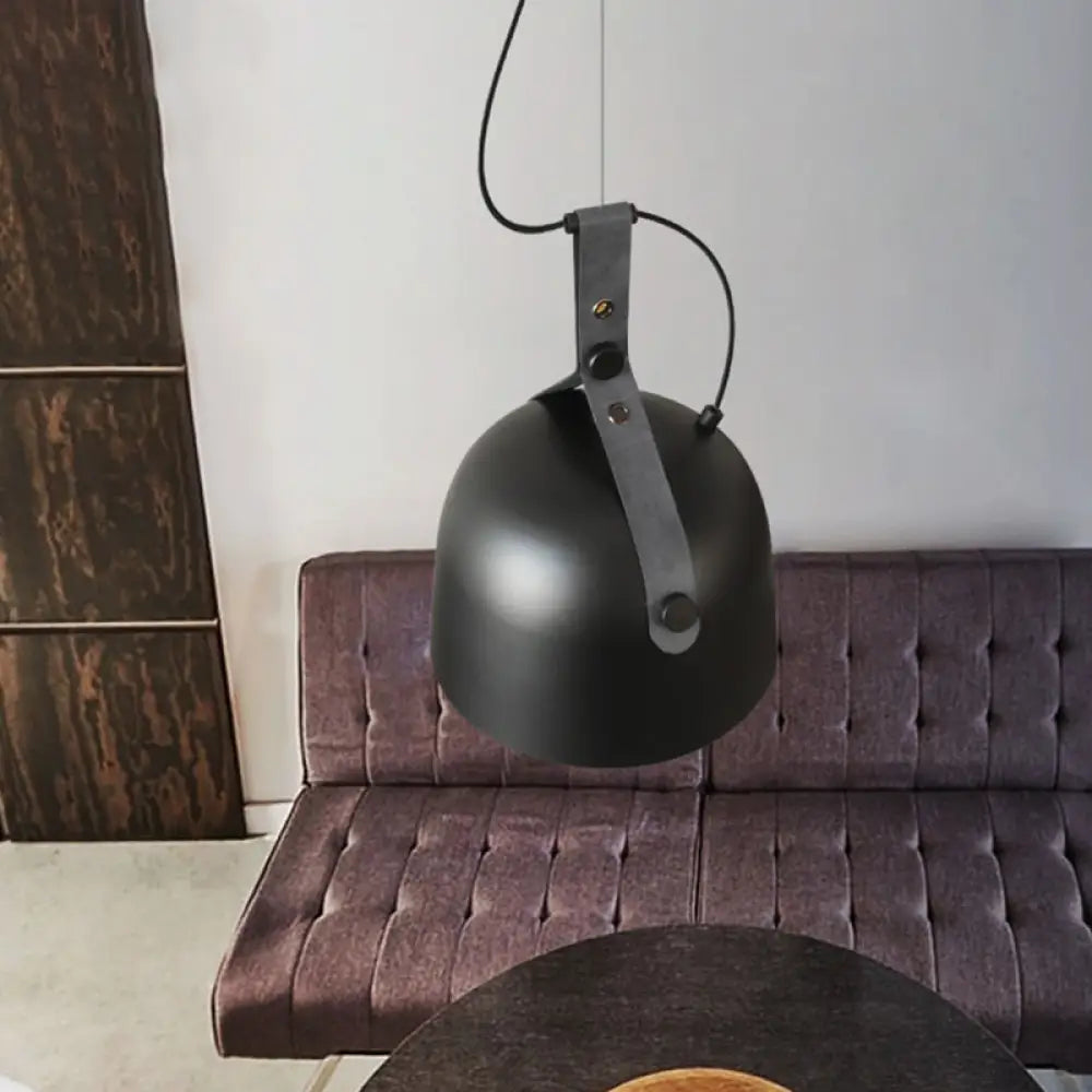 Industrial Style Dome Hanging Lamp In Black/Silver/Copper With Leather Strap - 7’/9.5’ Dia 1