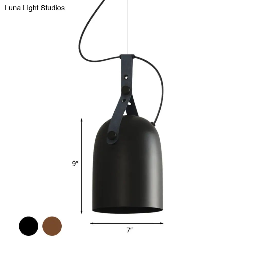 Industrial Style Dome Hanging Lamp In Black/Silver/Copper With Leather Strap - 7’/9.5’ Dia 1