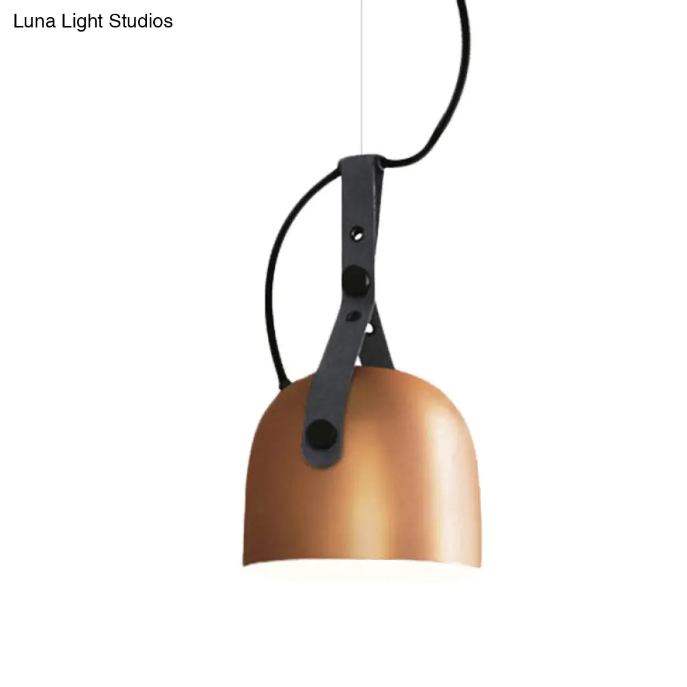 Industrial Style Dome Hanging Lamp In Black/Silver/Copper With Leather Strap - 7’/9.5’ Dia 1