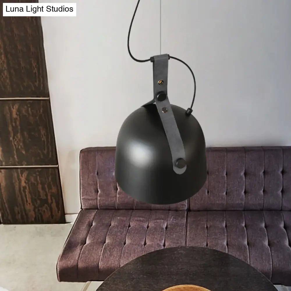 Industrial Style Dome Hanging Lamp With Leather Strap - 7/9.5 Dia 1 Light Pendant Lighting In