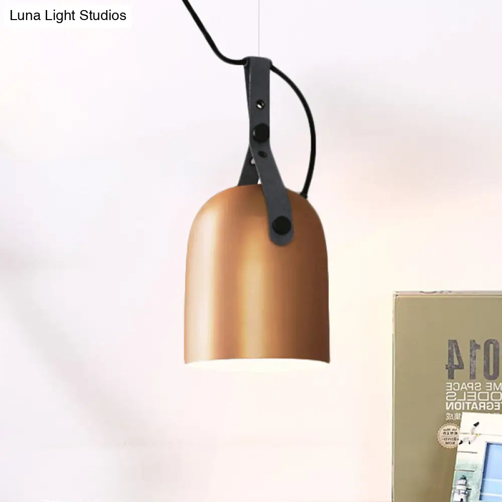 Industrial Style Dome Hanging Lamp In Black/Silver/Copper With Leather Strap - 7’/9.5’ Dia 1