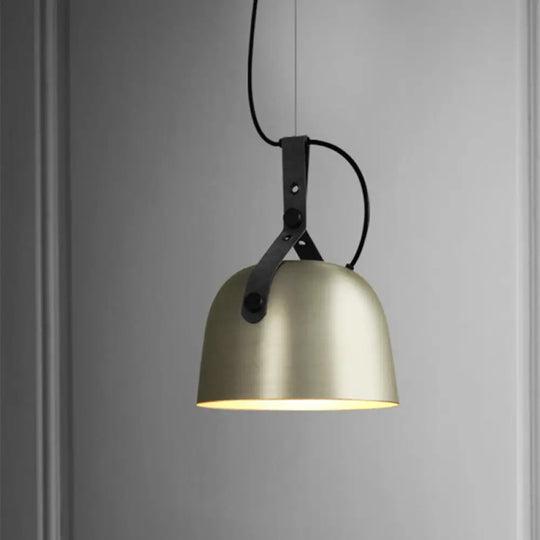 Industrial Style Dome Hanging Lamp In Black/Silver/Copper With Leather Strap - 7’/9.5’ Dia 1