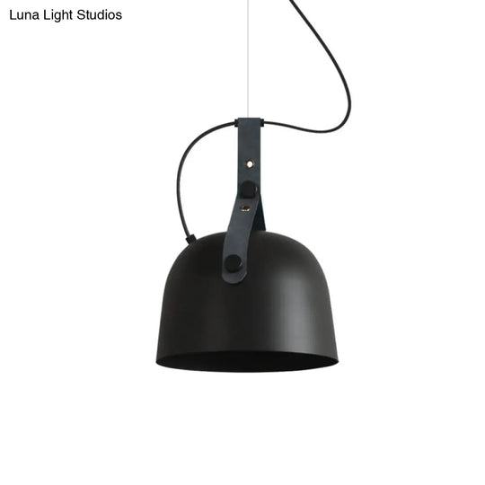 Industrial Style Dome Hanging Lamp With Leather Strap - 7/9.5 Dia 1 Light Pendant Lighting In