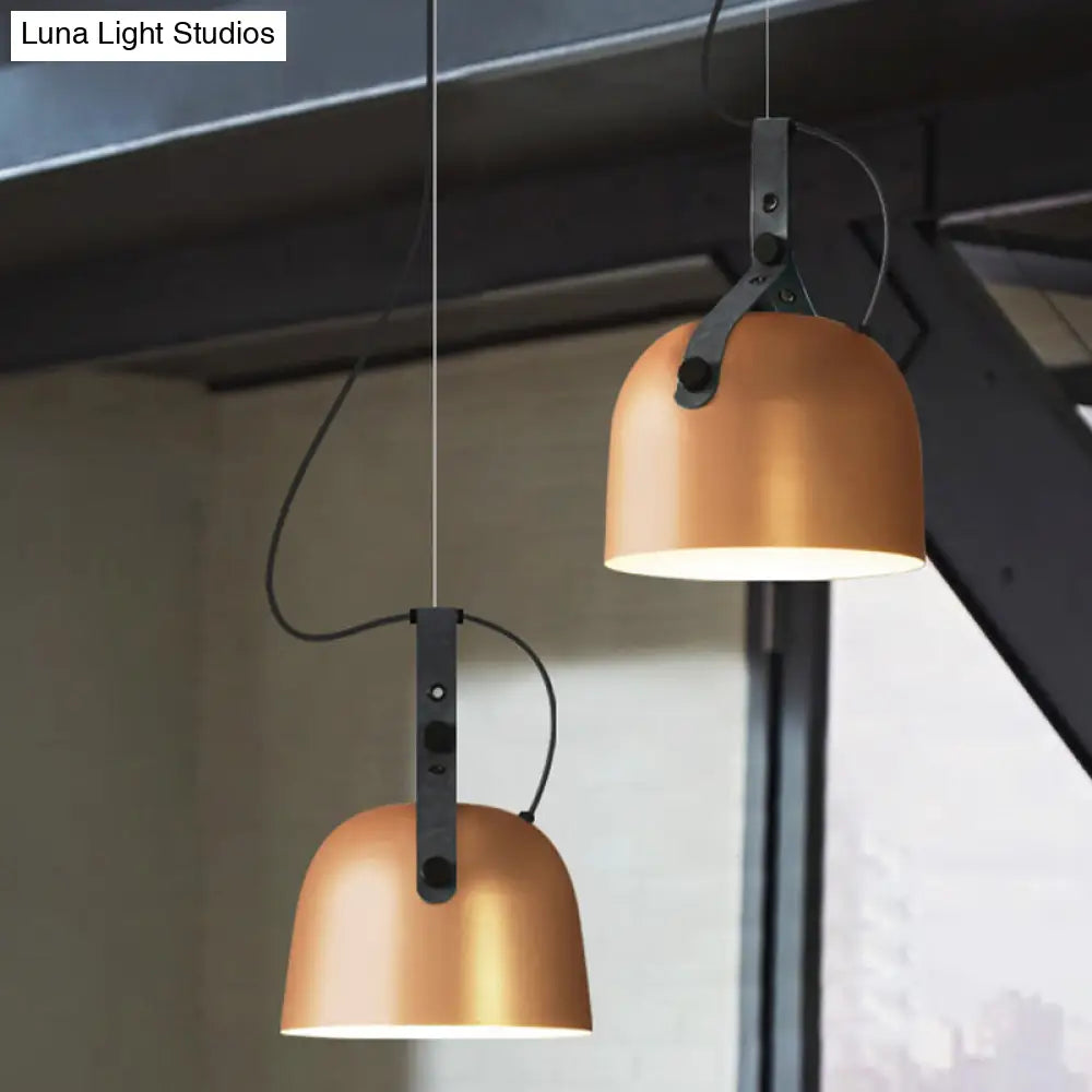 Industrial Style Dome Hanging Lamp In Black/Silver/Copper With Leather Strap - 7’/9.5’ Dia 1