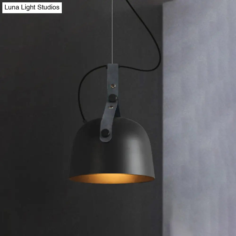 Industrial Style Dome Hanging Lamp In Black/Silver/Copper With Leather Strap - 7’/9.5’ Dia 1