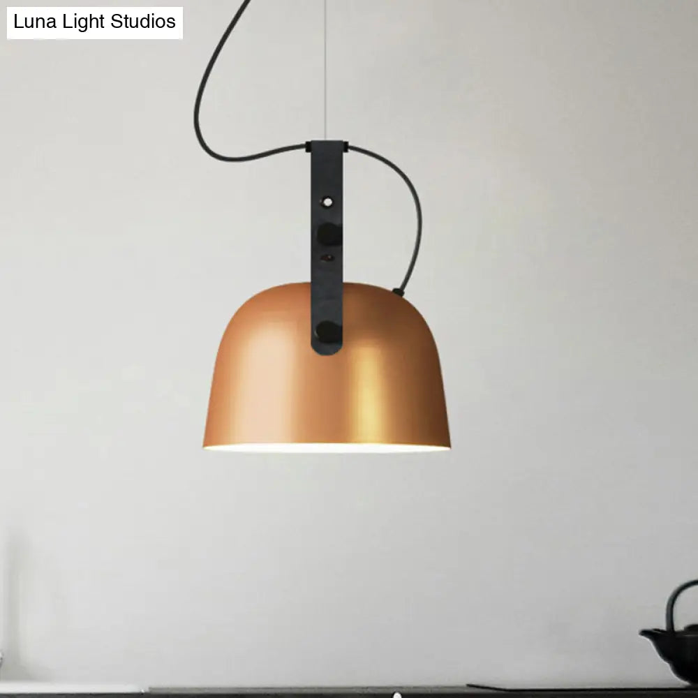 Industrial Style Dome Hanging Lamp In Black/Silver/Copper With Leather Strap - 7’/9.5’ Dia 1