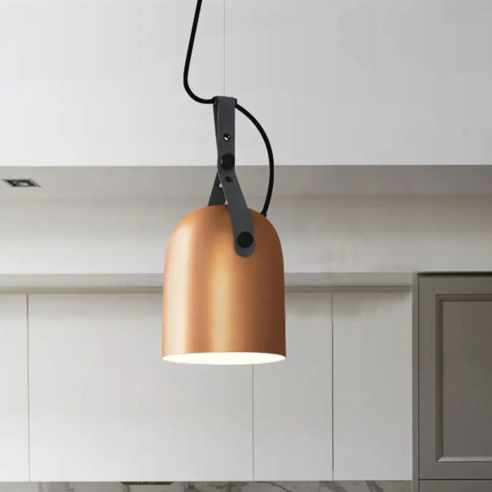 Industrial Style Dome Hanging Lamp In Black/Silver/Copper With Leather Strap - 7’/9.5’ Dia 1