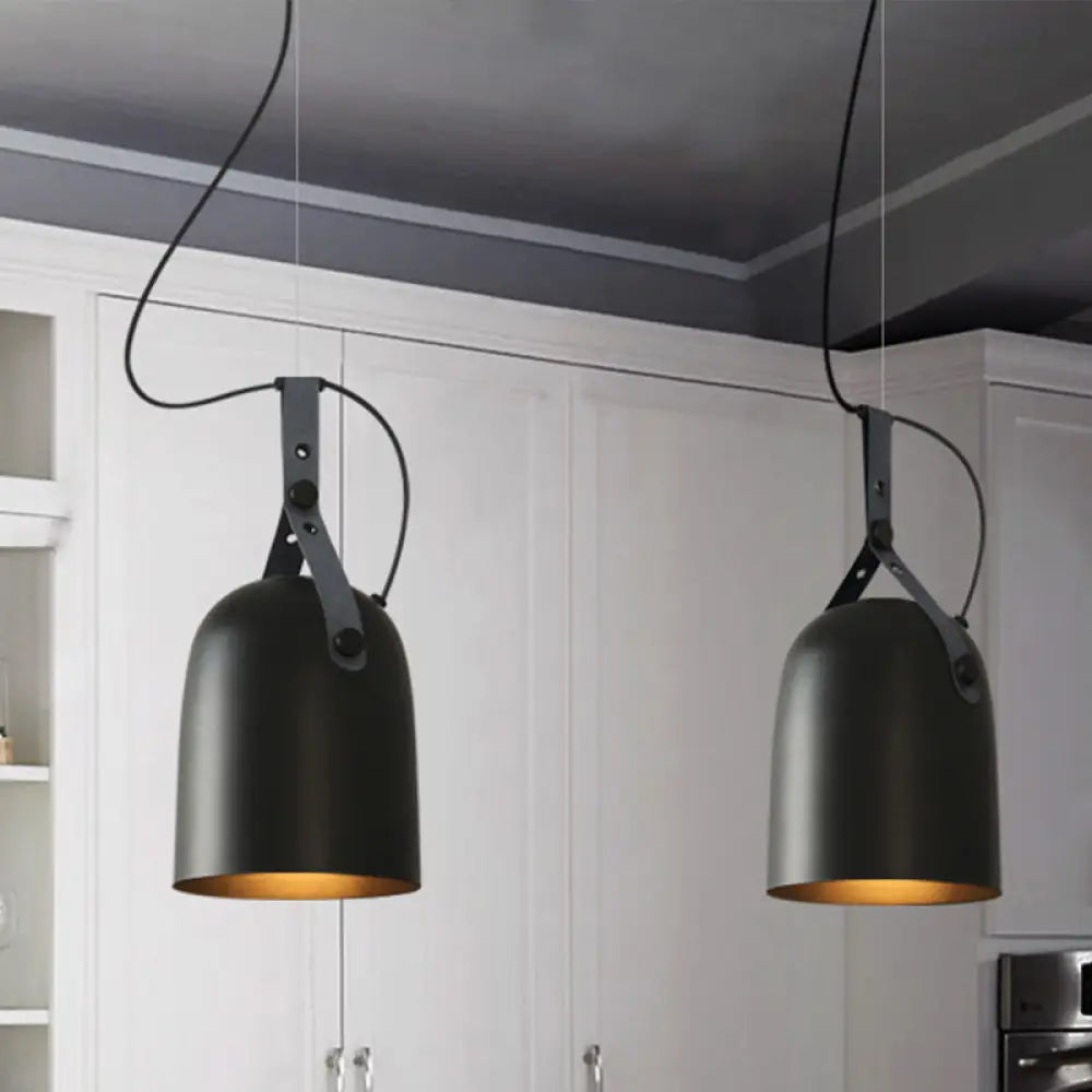 Industrial Style Dome Hanging Lamp In Black/Silver/Copper With Leather Strap - 7’/9.5’ Dia 1