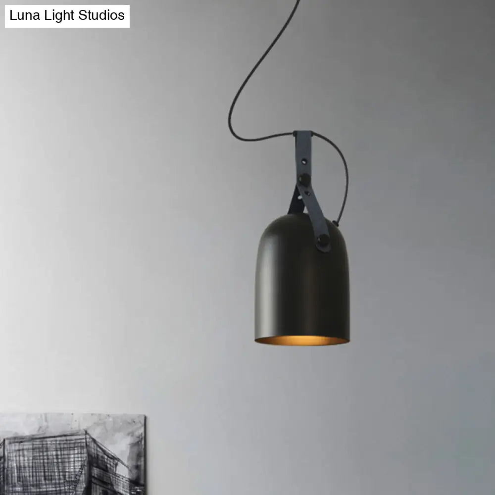 Industrial Style Dome Hanging Lamp In Black/Silver/Copper With Leather Strap - 7’/9.5’ Dia 1