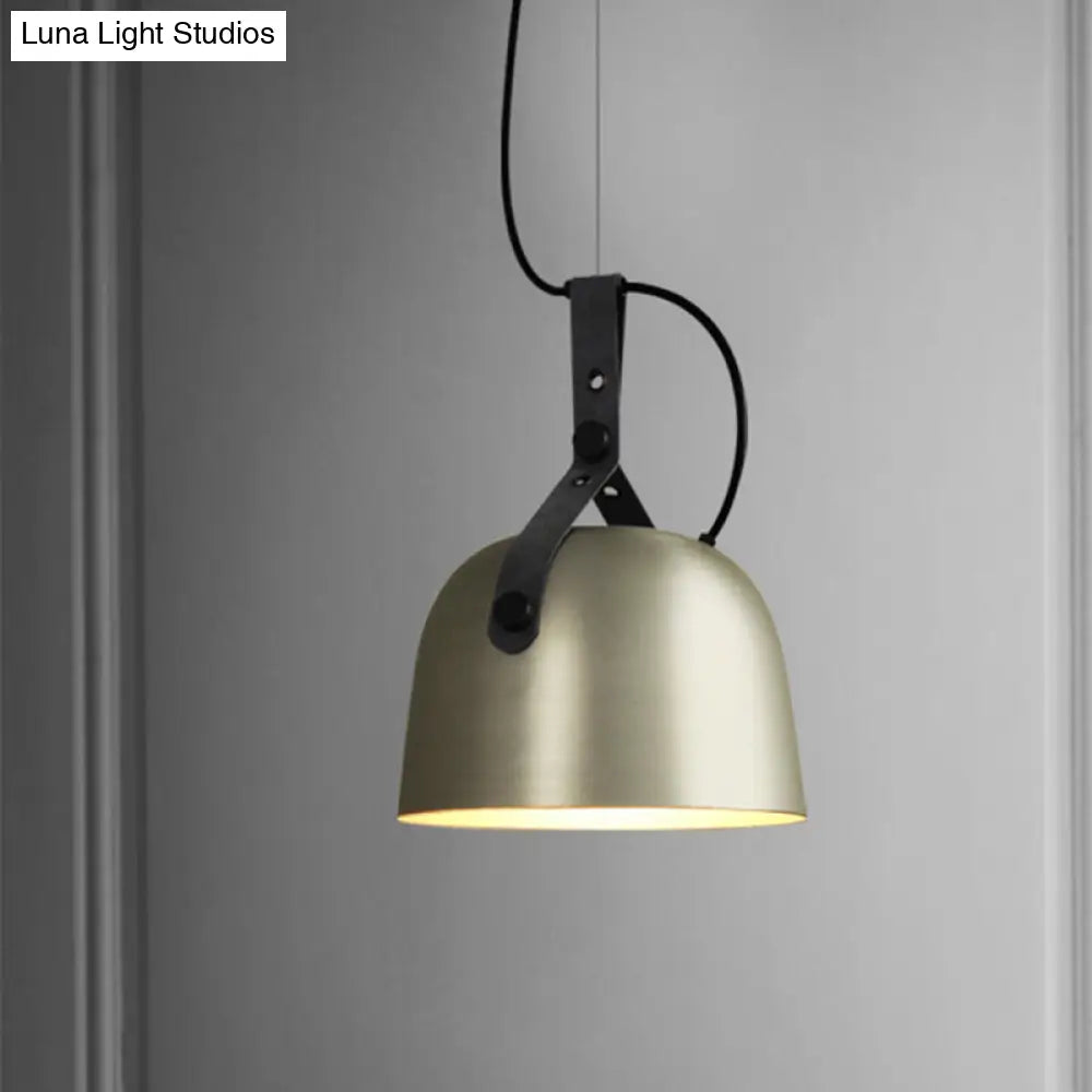 Industrial Style Dome Hanging Lamp With Leather Strap - 7/9.5 Dia 1 Light Pendant Lighting In