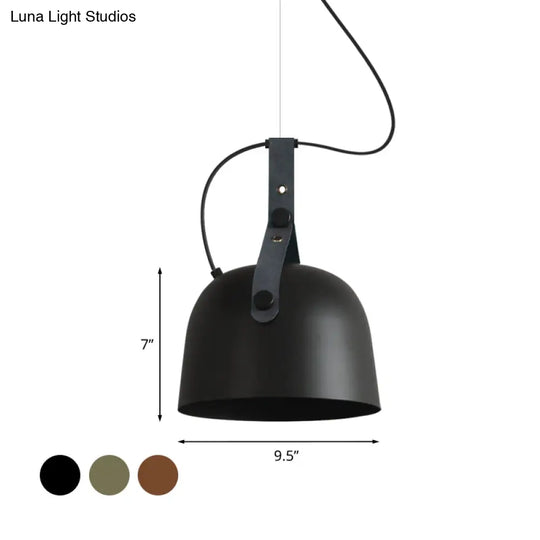 Industrial Style Dome Hanging Lamp In Black/Silver/Copper With Leather Strap - 7’/9.5’ Dia 1