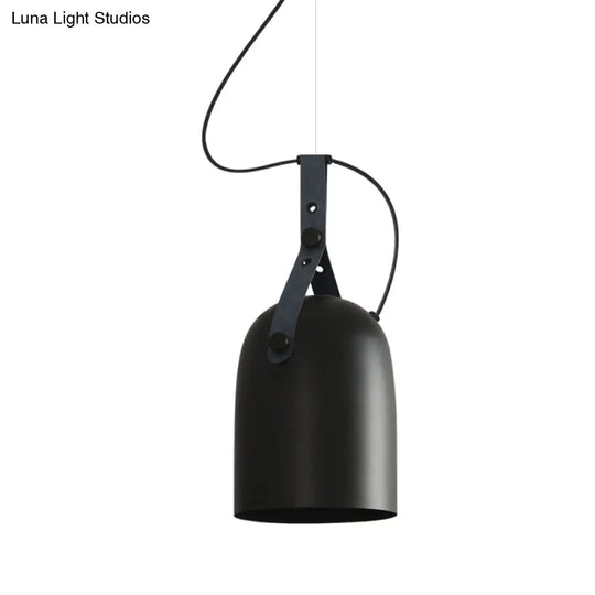 Industrial Style Dome Hanging Lamp In Black/Silver/Copper With Leather Strap - 7’/9.5’ Dia 1