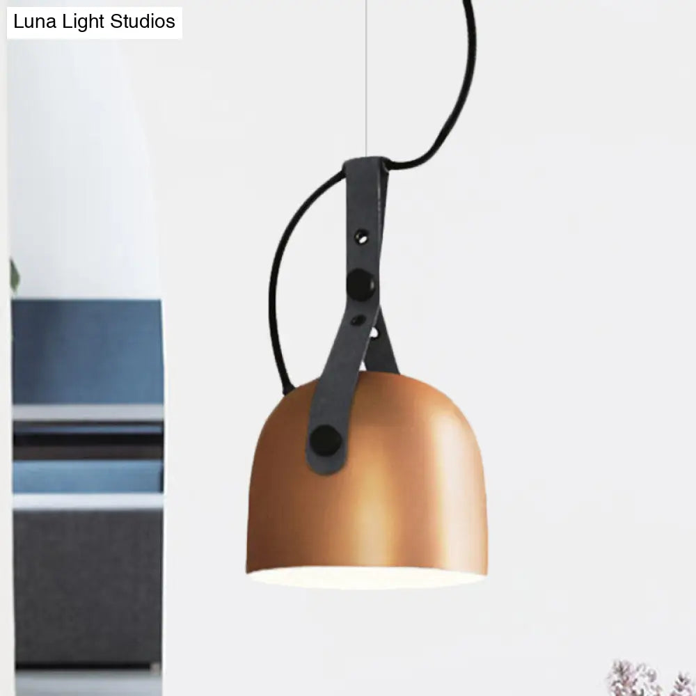 Industrial Style Dome Hanging Lamp With Leather Strap - 7/9.5 Dia 1 Light Pendant Lighting In