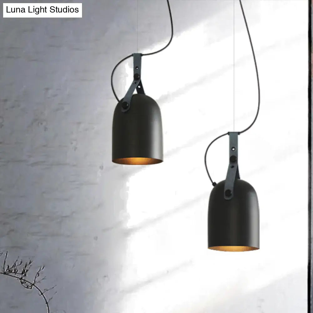 Industrial Style Dome Hanging Lamp With Leather Strap - 7/9.5 Dia 1 Light Pendant Lighting In